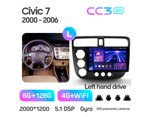 Штатна магнітола Teyes CC3 6+128 Gb з коловим оглядом 360° Honda Civic 7 2000-2006 9