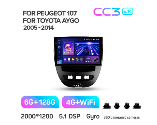 Штатна магнітола Teyes CC3 6+128 Gb з коловим оглядом 360° Peugeot 107 Toyota Aygo 2005-2014 9